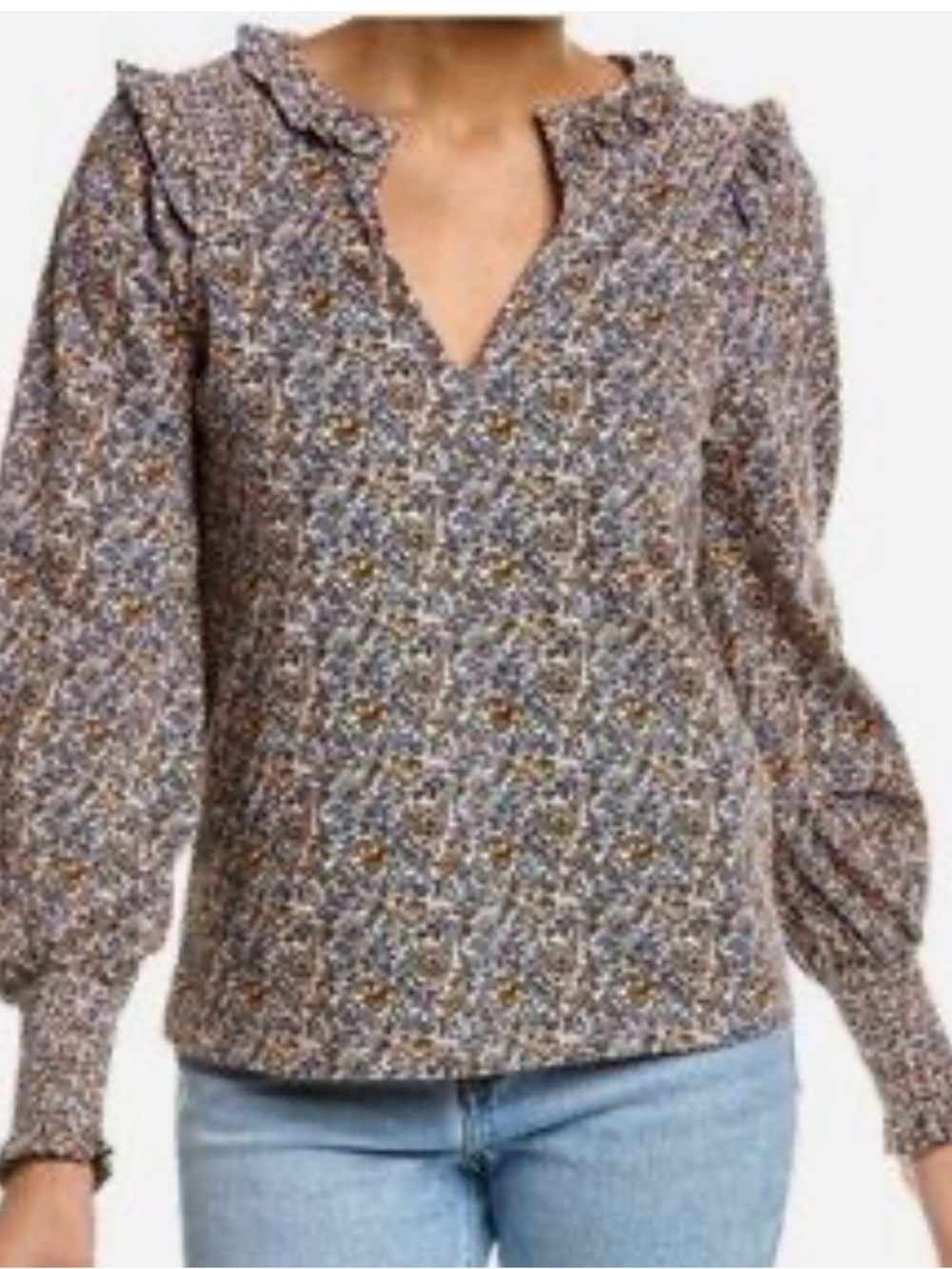 Boden Notch Neck Smocked  Frill Top Pink Ditzy Floral Prairie Long Sleeve  10